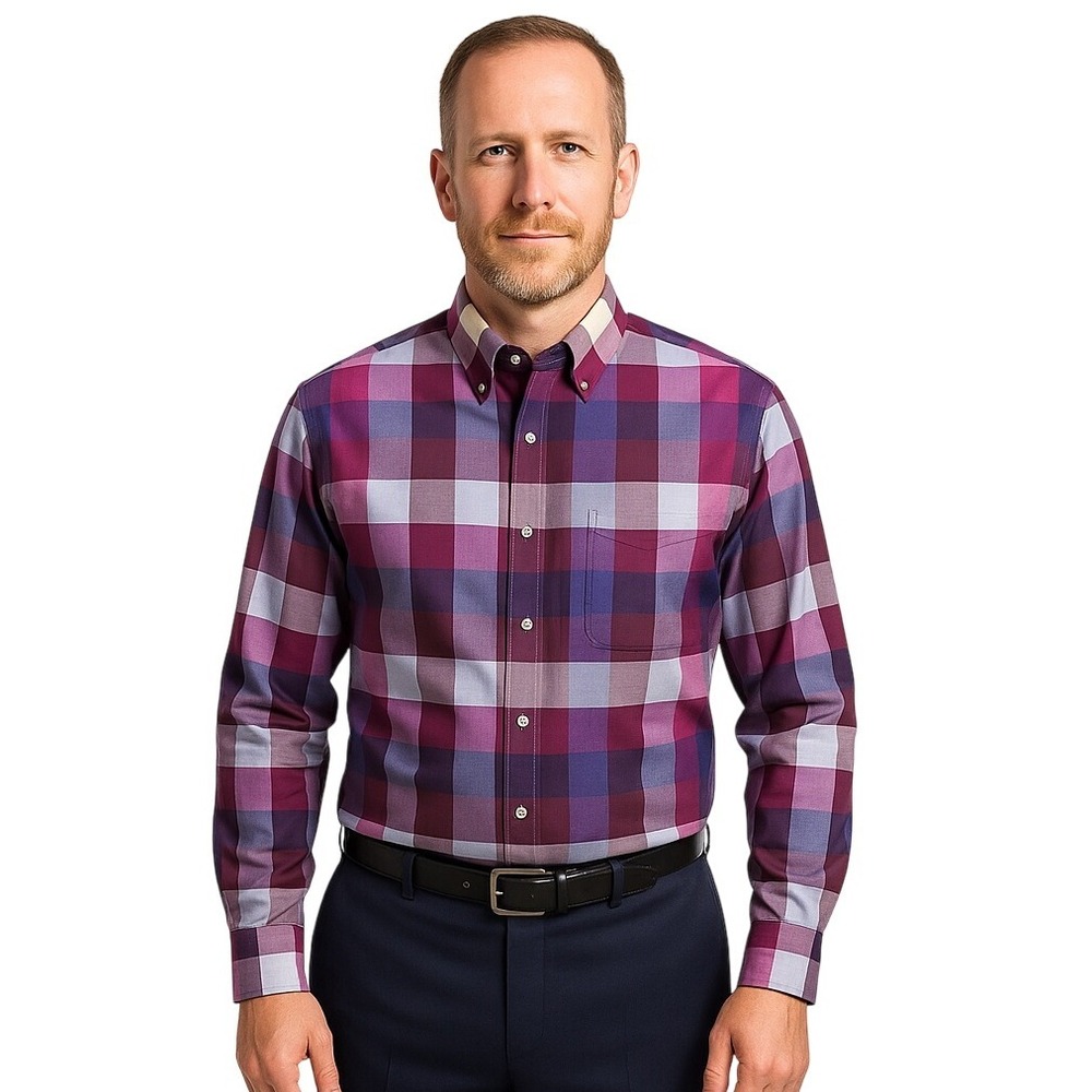 Jos A Bank Shirt Medium Purple Button Down Plaid Tailored Fit Classic Menswear